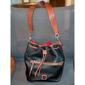 Dooney & Bourke Pebbled Leather Drawstring Bucket Bag Black Brown Crossbody